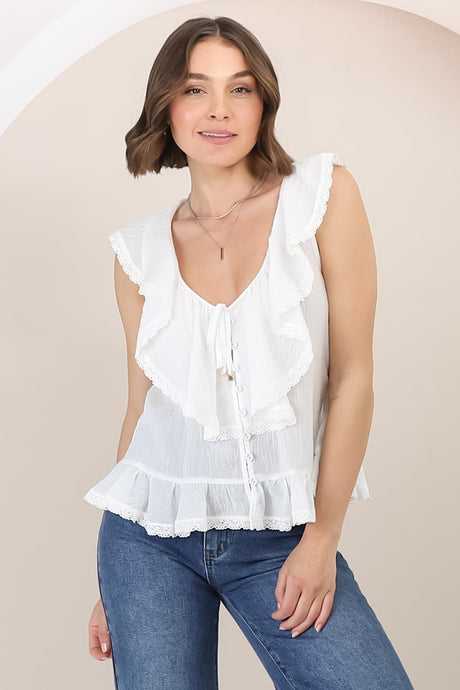 Aarna Top - Round Neck Button Down in White