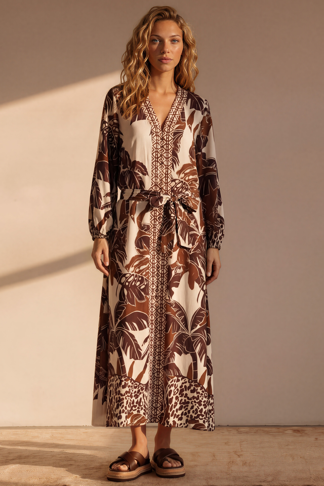 Model wearing Abbey Maxi Dress in Samara Print from Salty Cruh
