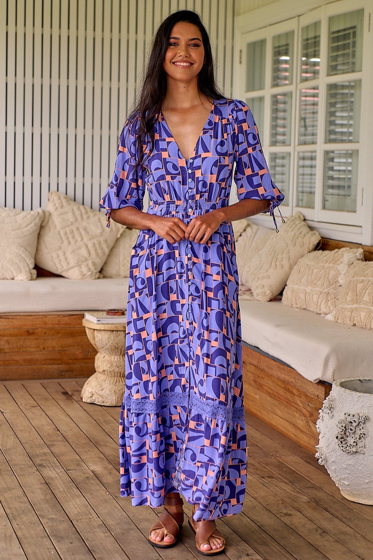 JAASE - Molli Maxi Dress: Button Down A-Line Dress with Tied Sleeves in Abbi Print