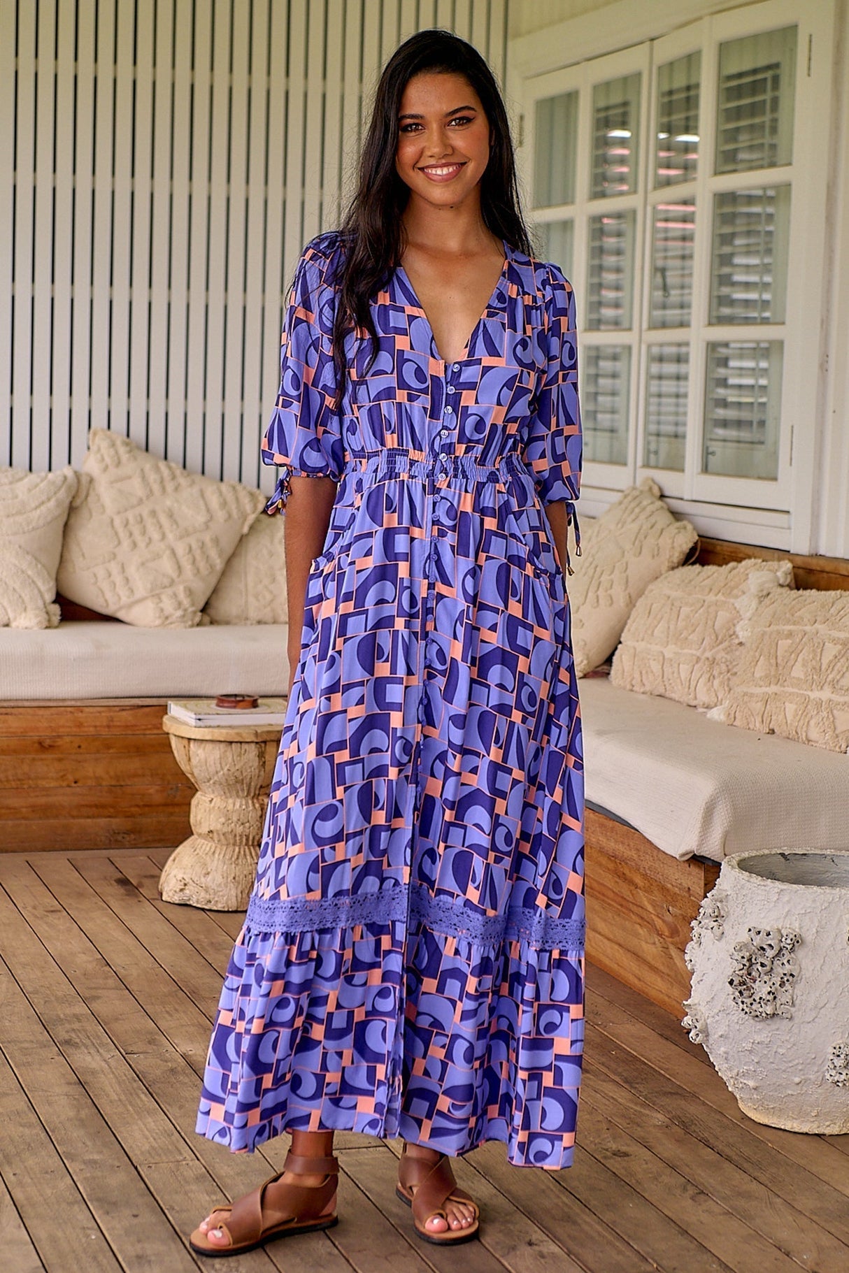 Molli Maxi Dress - Button Down A-Line Dress with Tied Sleeves in Abbi Print