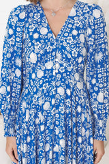 Abbia Maxi Dress - A Line Deep V Neck Long Sleeve Dress in Ember Print