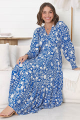 Abbia Maxi Dress - A Line Deep V Neck Long Sleeve Dress in Ember Print