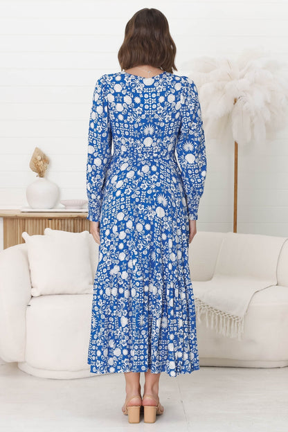 Abbia Maxi Dress - A Line Deep V Neck Long Sleeve Dress in Ember Print