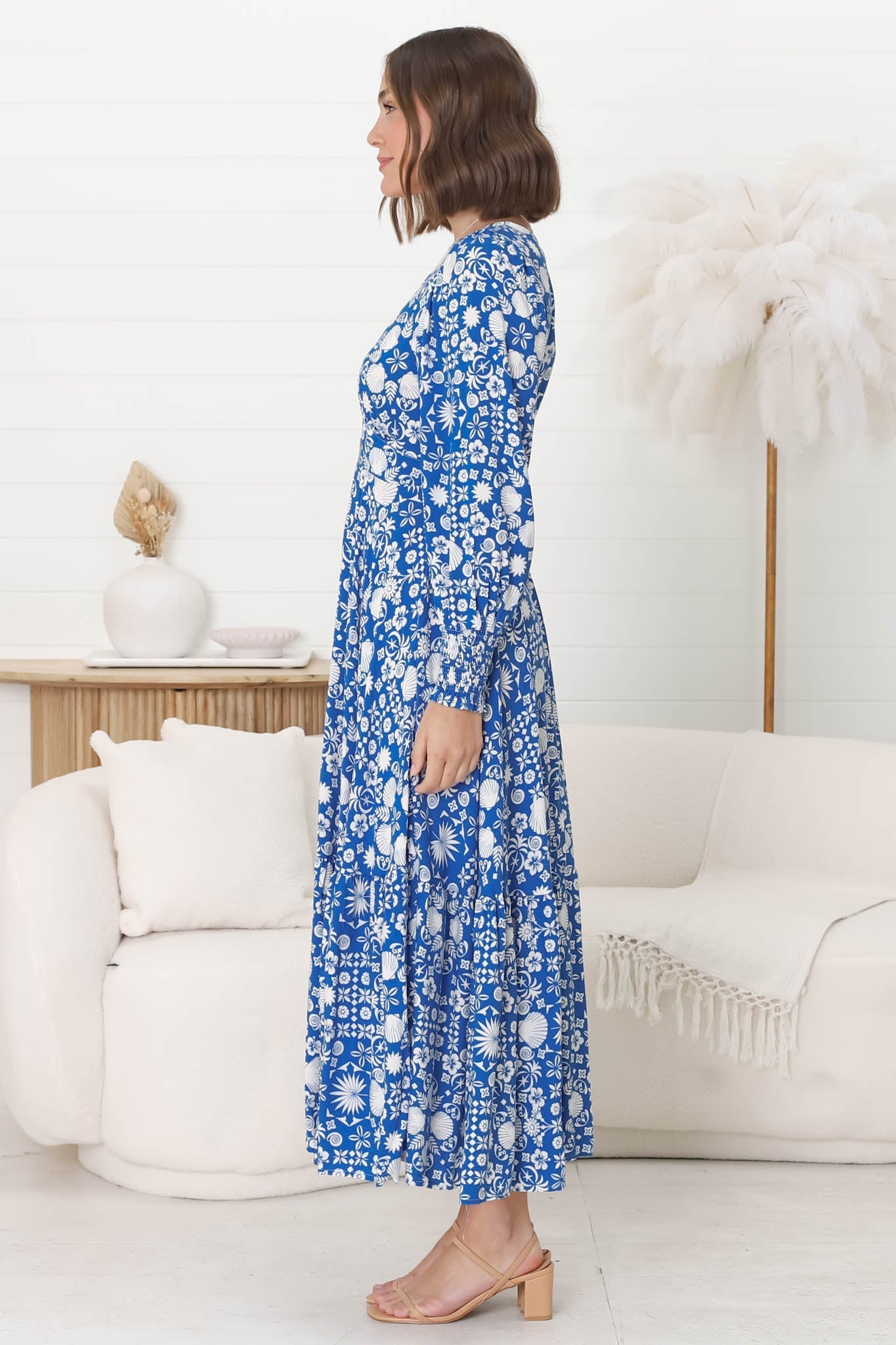 Abbia Maxi Dress - A Line Deep V Neck Long Sleeve Dress in Ember Print