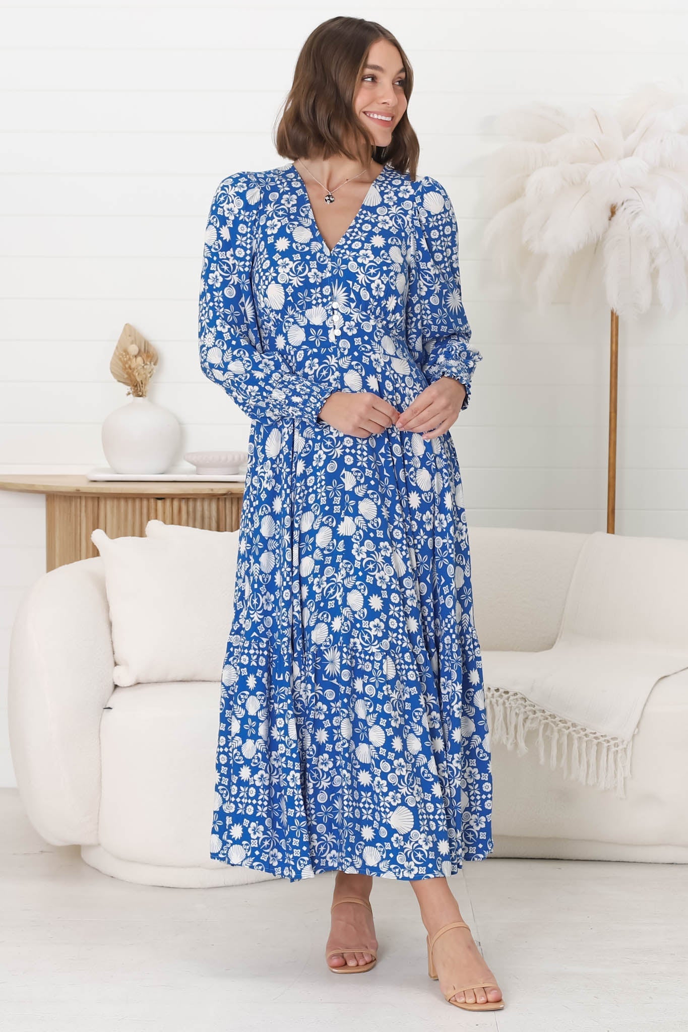 Abbia Maxi Dress - A Line Deep V Neck Long Sleeve Dress in Ember Print