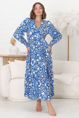 Abbia Maxi Dress - A Line Deep V Neck Long Sleeve Dress in Ember Print