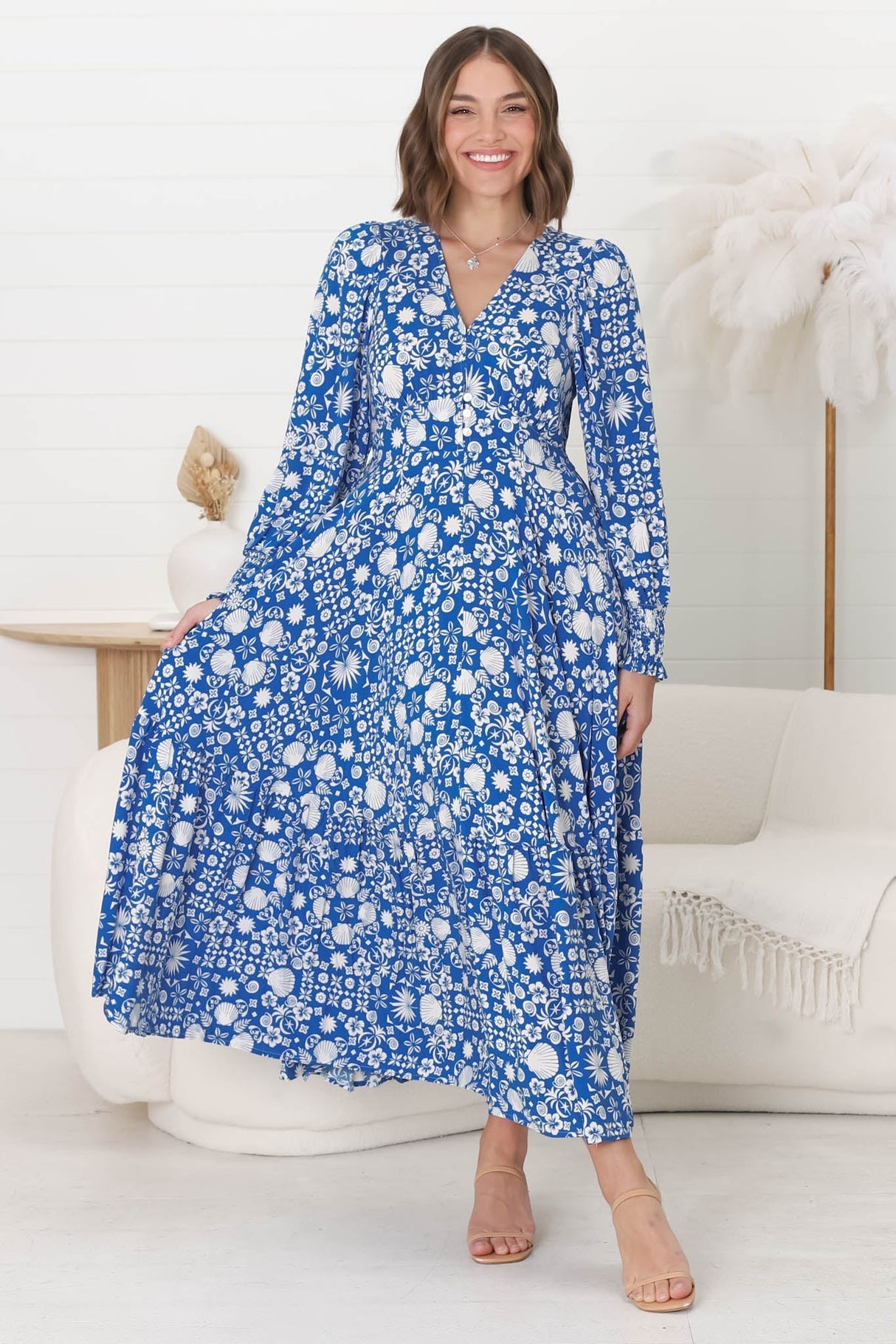 Abbia Maxi Dress - A Line Deep V Neck Long Sleeve Dress in Ember Print