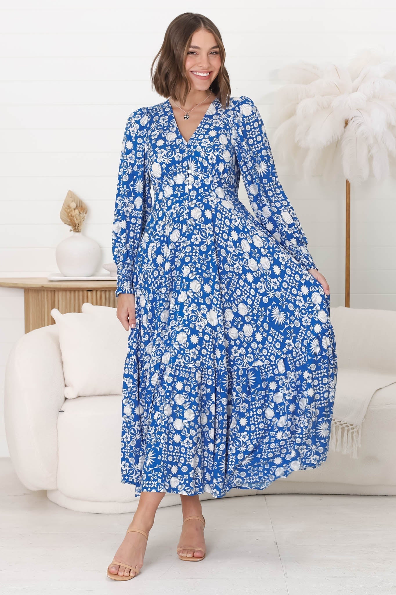 Abbia Maxi Dress - A Line Deep V Neck Long Sleeve Dress in Ember Print