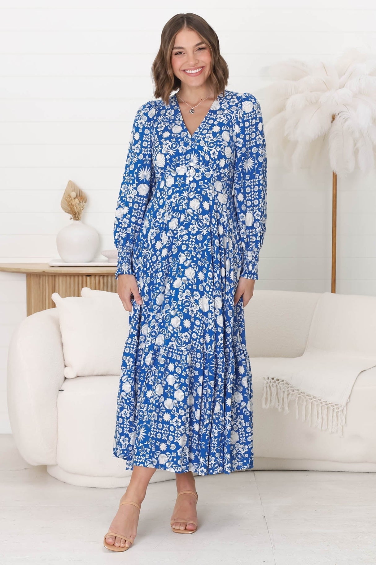 Abbia Maxi Dress - A Line Deep V Neck Long Sleeve Dress in Ember Print