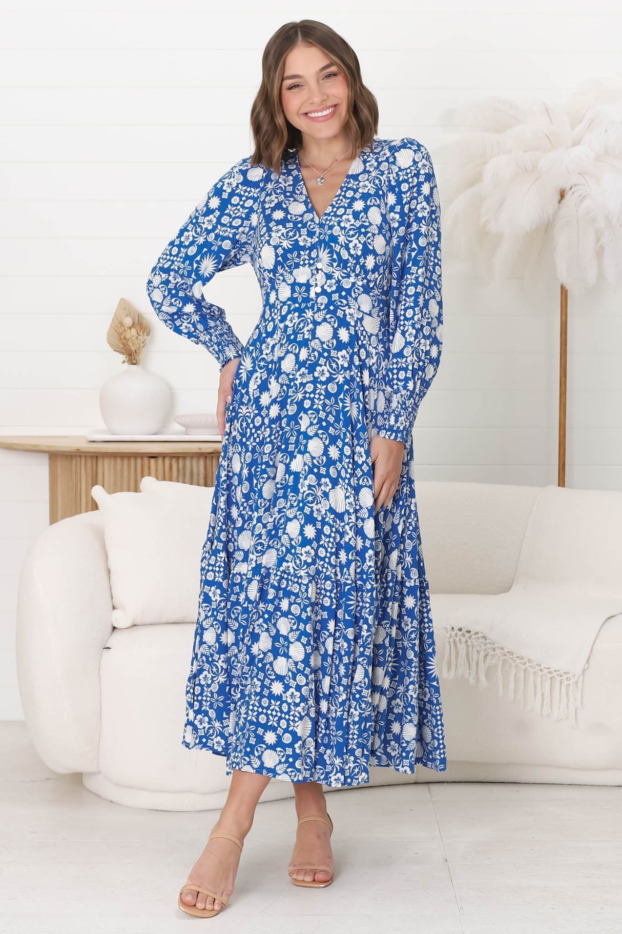 Abbia Maxi Dress - A Line Deep V Neck Long Sleeve Dress in Ember Print