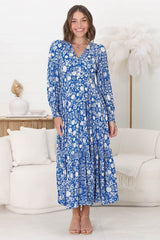 Abbia Maxi Dress - A Line Deep V Neck Long Sleeve Dress in Ember Print