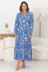 Abbia Maxi Dress - A Line Deep V Neck Long Sleeve Dress in Ember Print