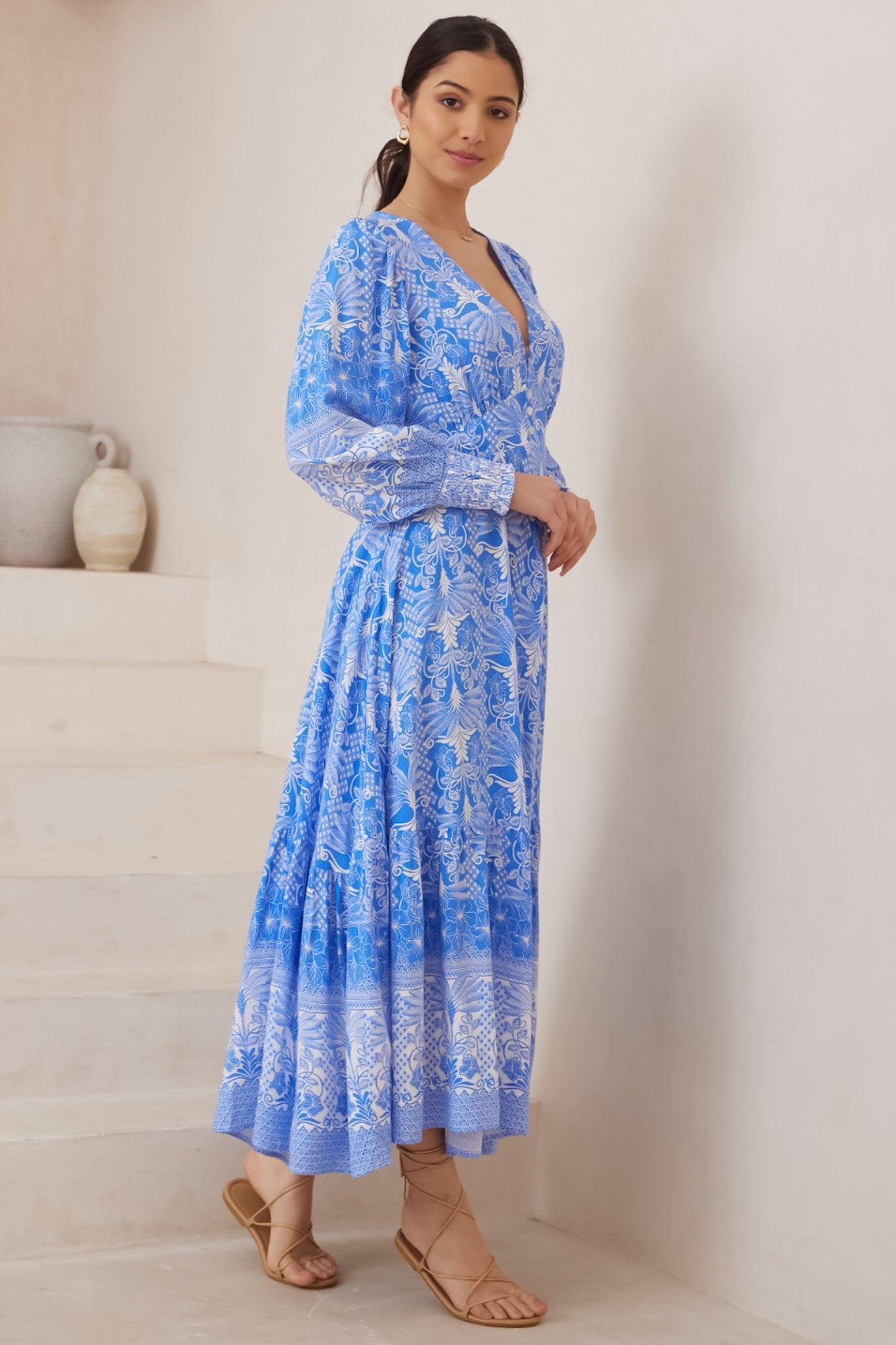 Abbia Maxi Dress - A Line Deep V Neck Long Sleeve Dress in Melina Print