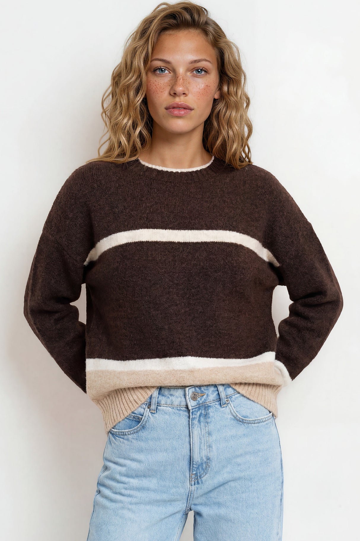 Model wearing Abbot Jumper in Coffee from Salty Crush