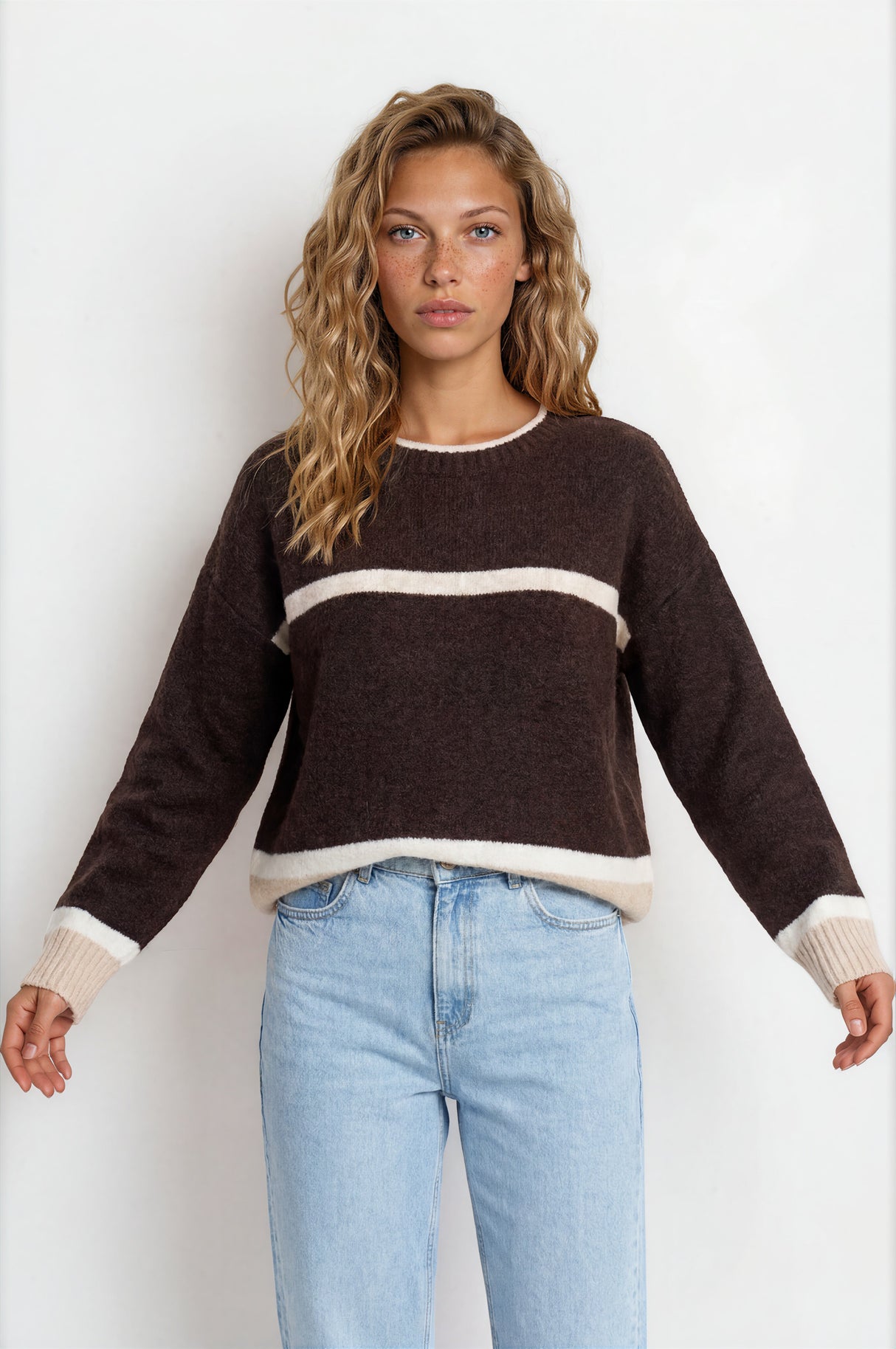 Model wearing Abbot Jumper in Coffee from Salty Crush