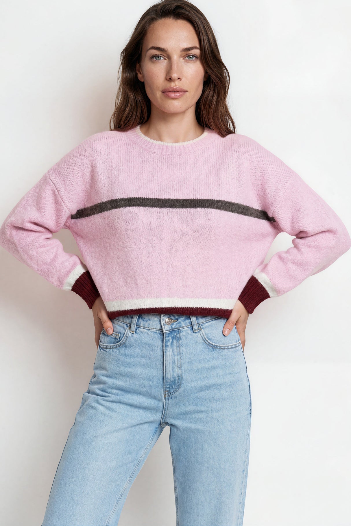 Model wearing Abbot Jumper in Pink from Salty Crush