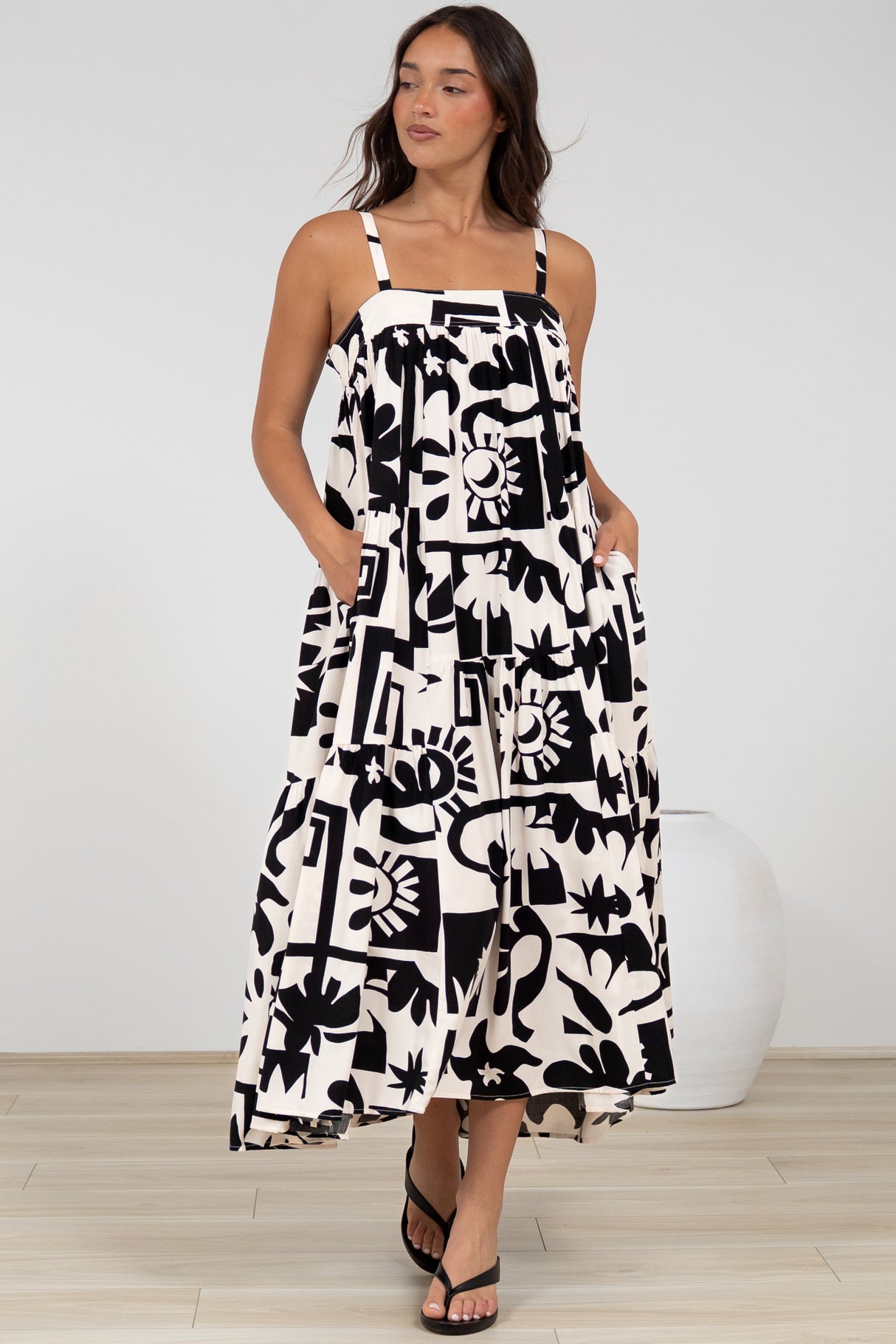 Abegail Midi Dress - Square Neckline Sun Dress in Halsey Print