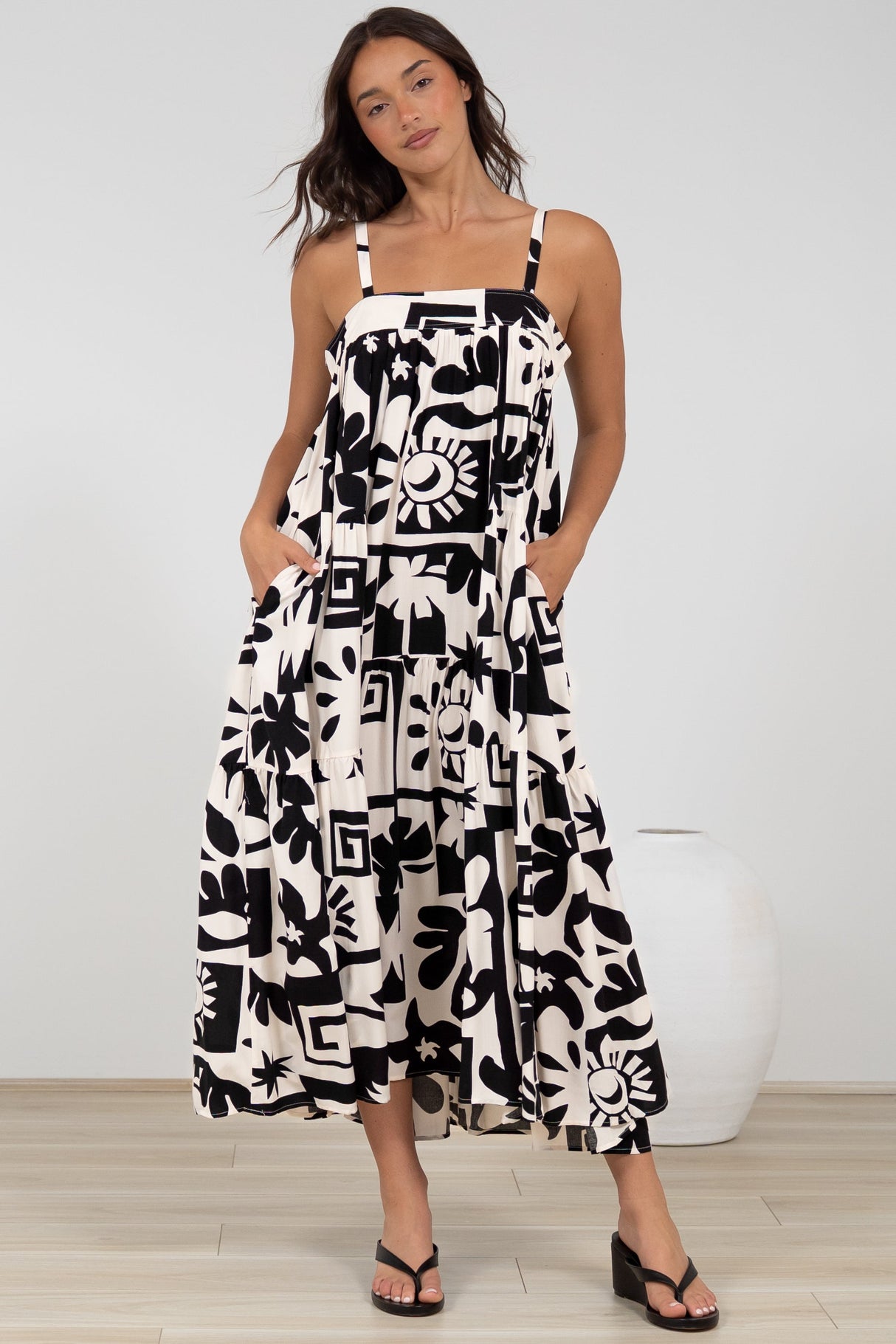 Abegail Midi Dress - Square Neckline Sun Dress in Halsey Print