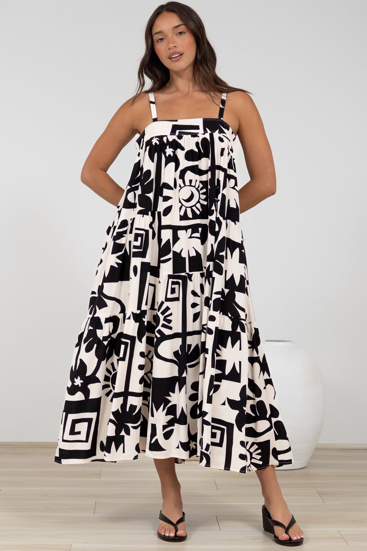 Abegail Midi Dress - Square Neckline Sun Dress in Halsey Print