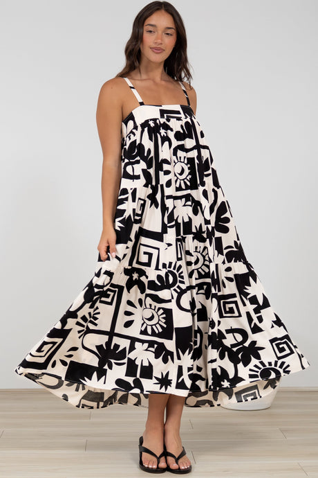 Abegail Midi Dress - Square Neckline Sun Dress in Halsey Print