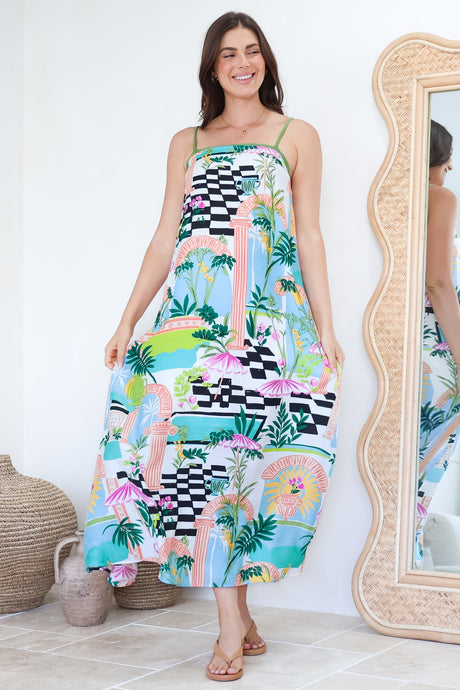 Abie Maxi Dress - Adjustable Strap Sun Dress with Splits in Melora Print