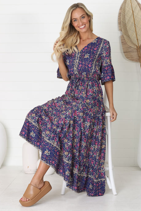 Abigail Maxi Dress - Buttoned Bodice V Neck A Line Dress with Flute Sleeves in Iris Print Navy