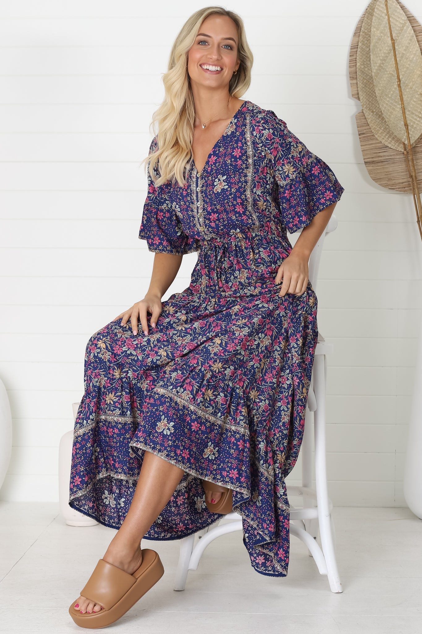 Abigail Maxi Dress Buttoned Bodice V Neck A Line Dress with Flute Sleeves in Iris Print Navy