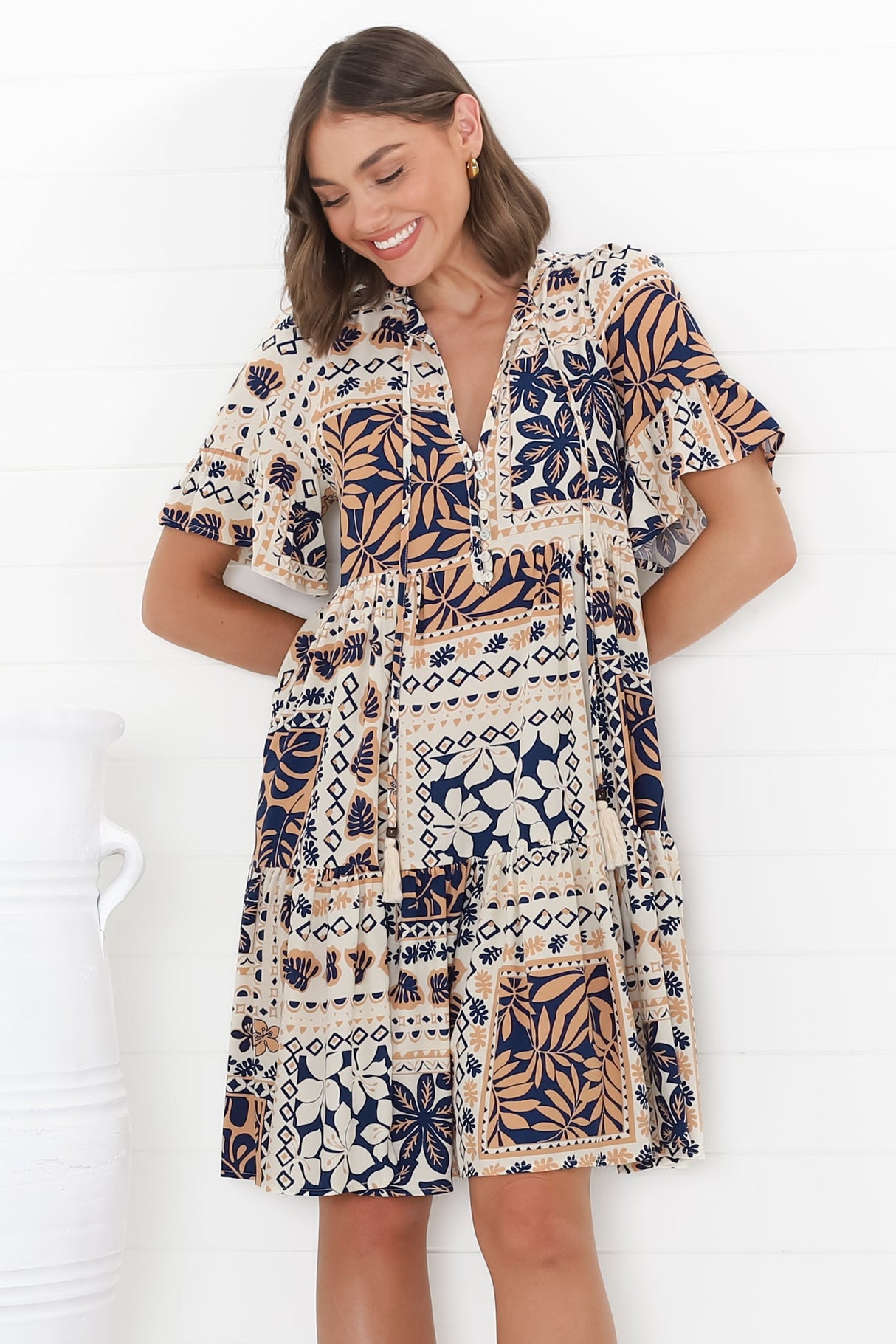 Abilia Mini Dress - Mandarin Collar Smock Dress in Alphy Print