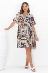 Abilia Mini Dress -  Mandarin Collar Smock Dress in Alphy Print