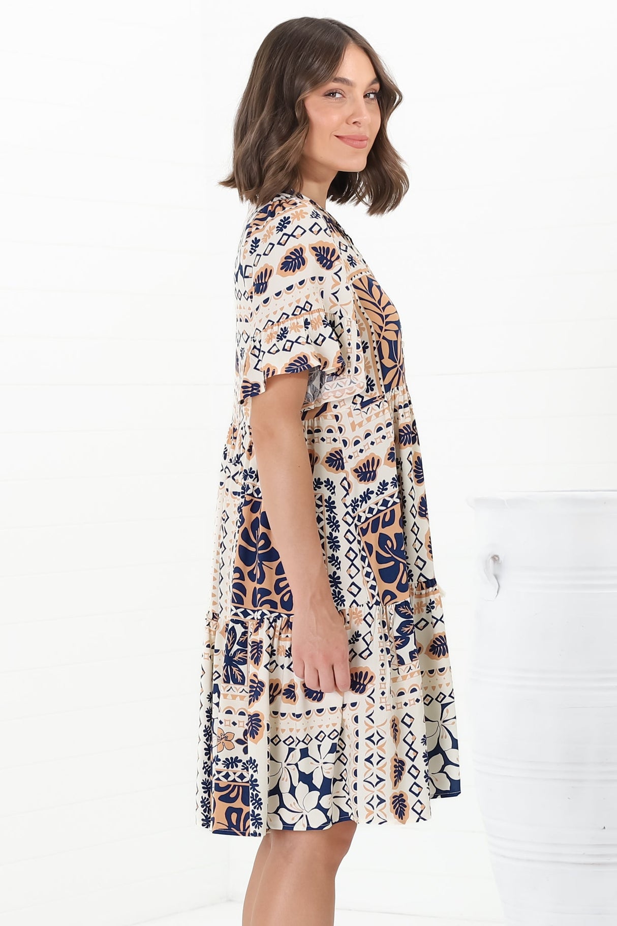 Abilia Mini Dress -  Mandarin Collar Smock Dress in Alphy Print