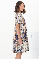 Abilia Mini Dress - Mandarin Collar Smock Dress in Alphy Print