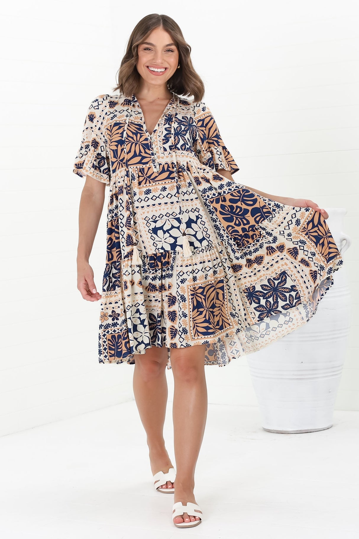 Abilia Mini Dress - Mandarin Collar Smock Dress in Alphy Print