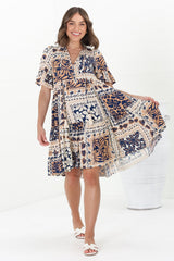 Abilia Mini Dress -  Mandarin Collar Smock Dress in Alphy Print