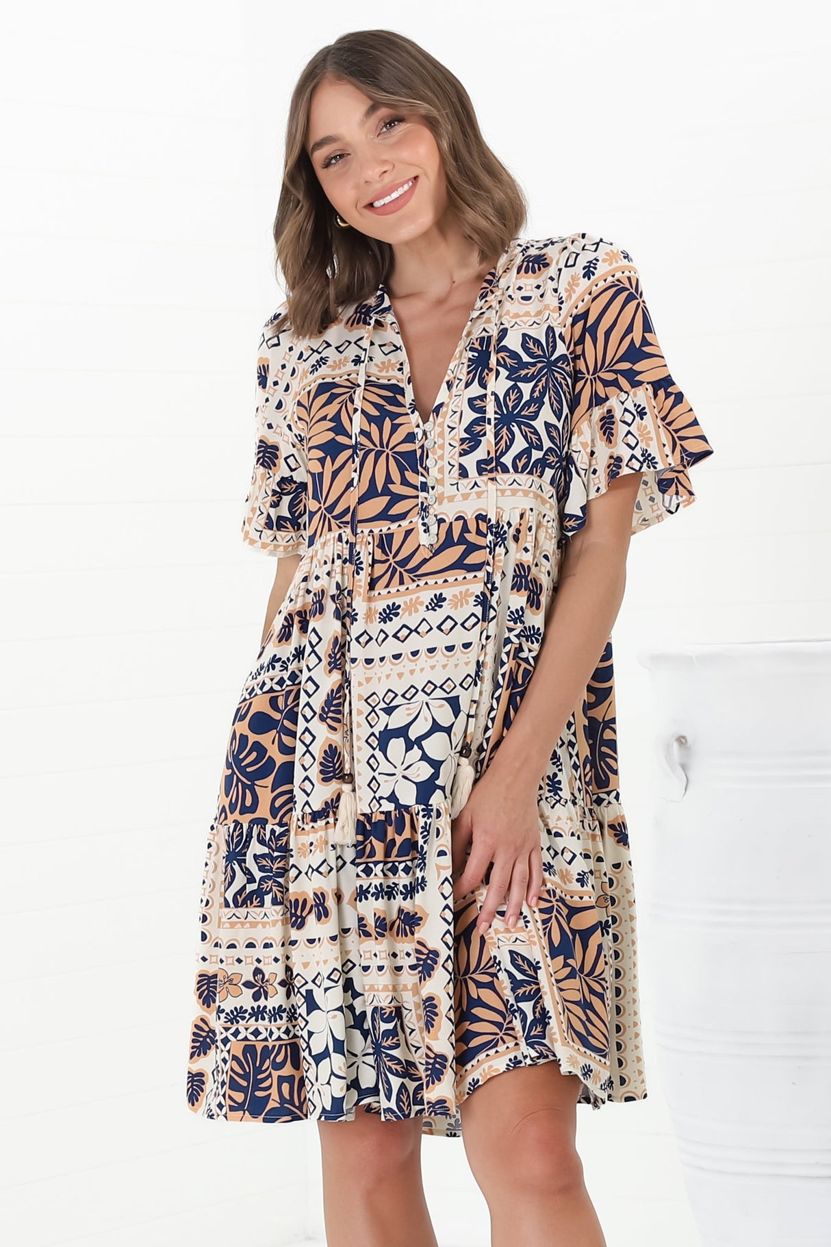 Abilia Mini Dress - Mandarin Collar Smock Dress in Alphy Print