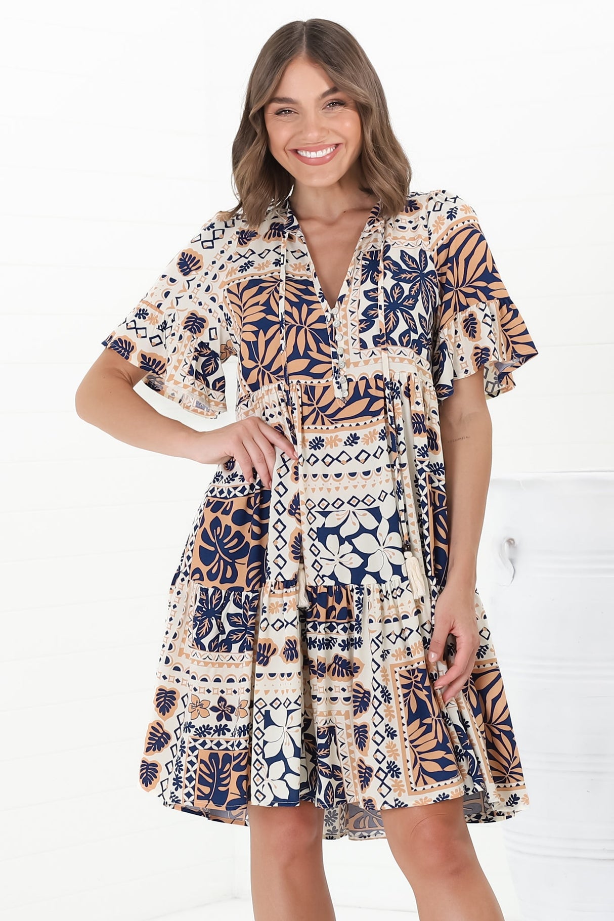 Abilia Mini Dress -  Mandarin Collar Smock Dress in Alphy Print