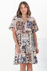 Abilia Mini Dress -  Mandarin Collar Smock Dress in Alphy Print