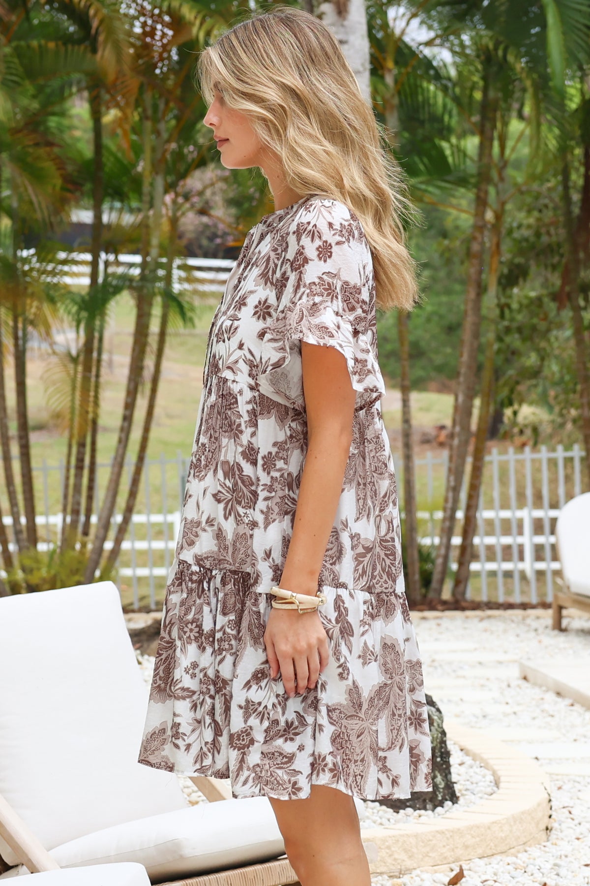 Abilia Mini Dress - Mandarin Collar Smock Dress in Izaria Print Brown