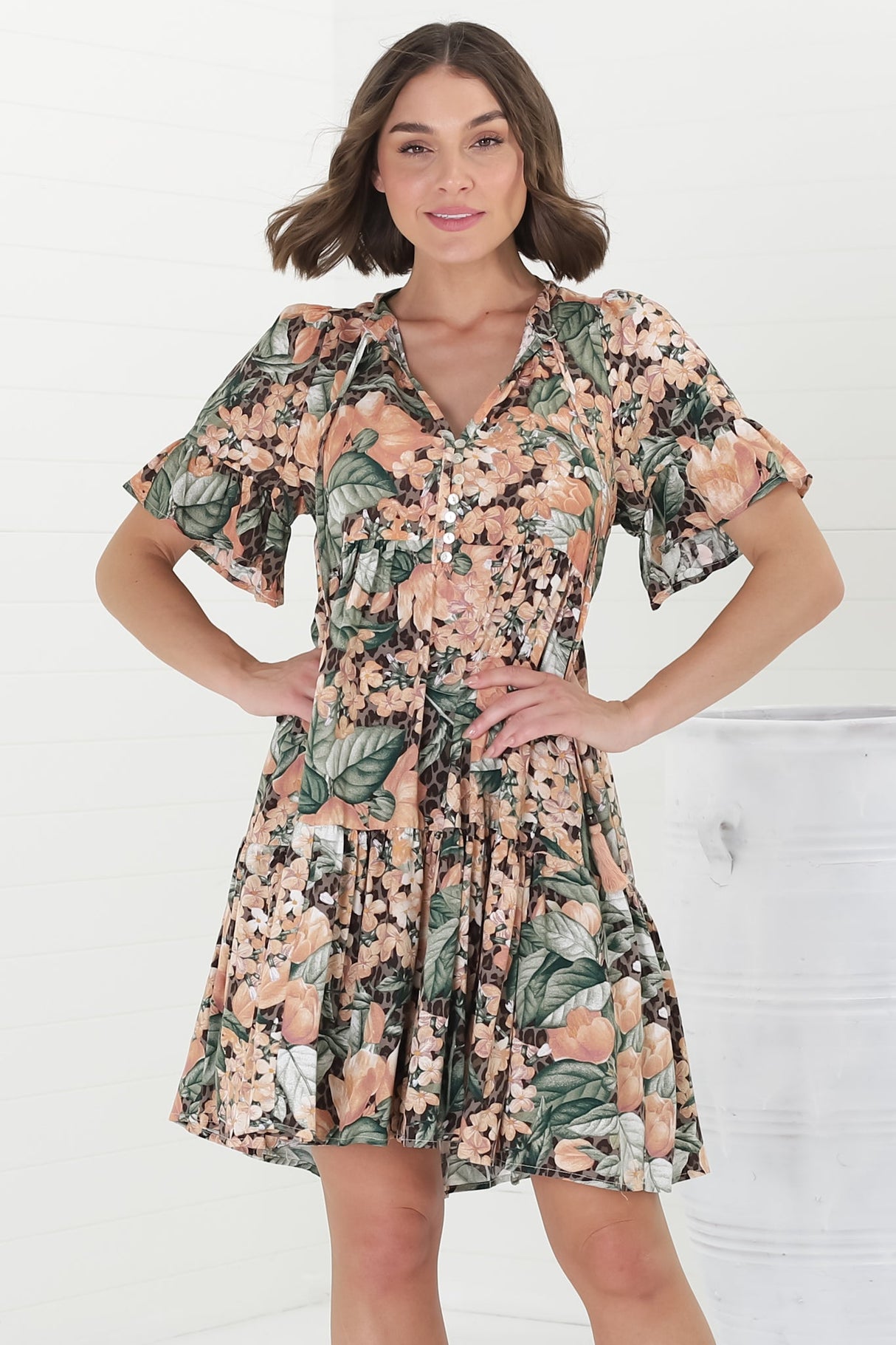 Abilia Mini Dress - Mandarin Collar Smock Dress in Baloo Print