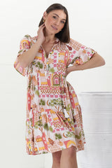 Abilia Mini Dress - Mandarin Collar Buttoned Bodice Smock Dress in Baroa Print