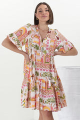 Abilia Mini Dress - Mandarin Collar Buttoned Bodice Smock Dress in Baroa Print