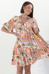 Abilia Mini Dress - Mandarin Collar Buttoned Bodice Smock Dress in Baroa Print