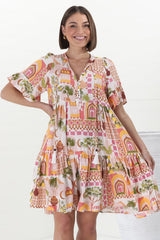 Abilia Mini Dress - Mandarin Collar Buttoned Bodice Smock Dress in Baroa Print