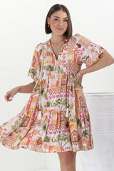 Abilia Mini Dress - Mandarin Collar Buttoned Bodice Smock Dress in Baroa Print