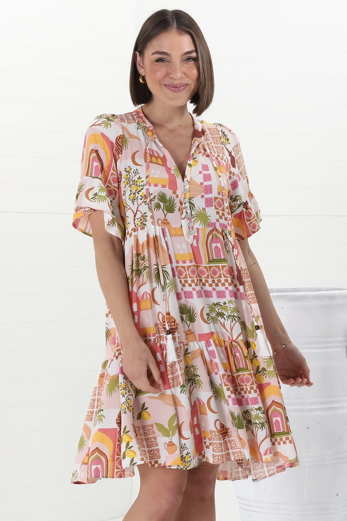 Abilia Mini Dress - Mandarin Collar Buttoned Bodice Smock Dress in Baroa Print