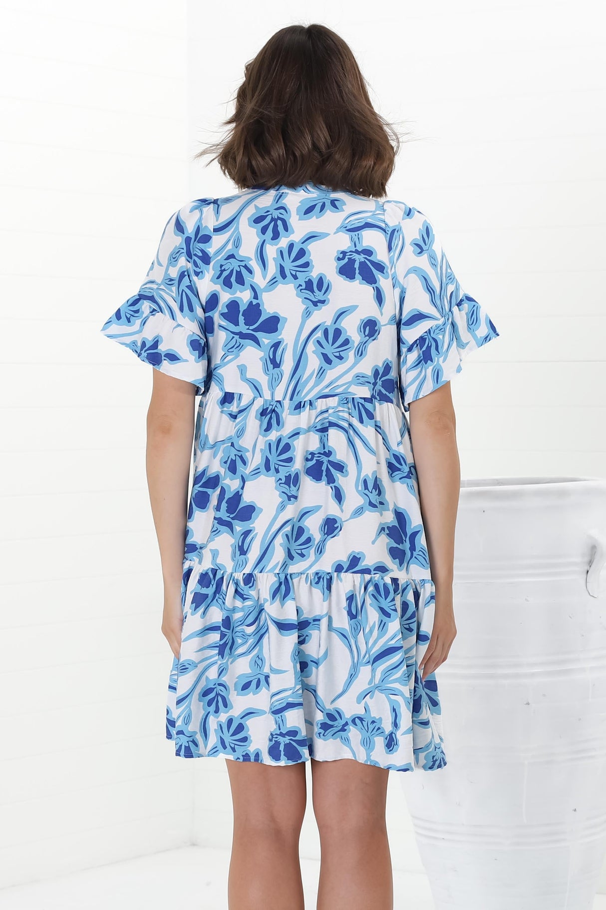 Abilia Mini Dress - Mandarin Collar Smock Dress in Braley Print Blue