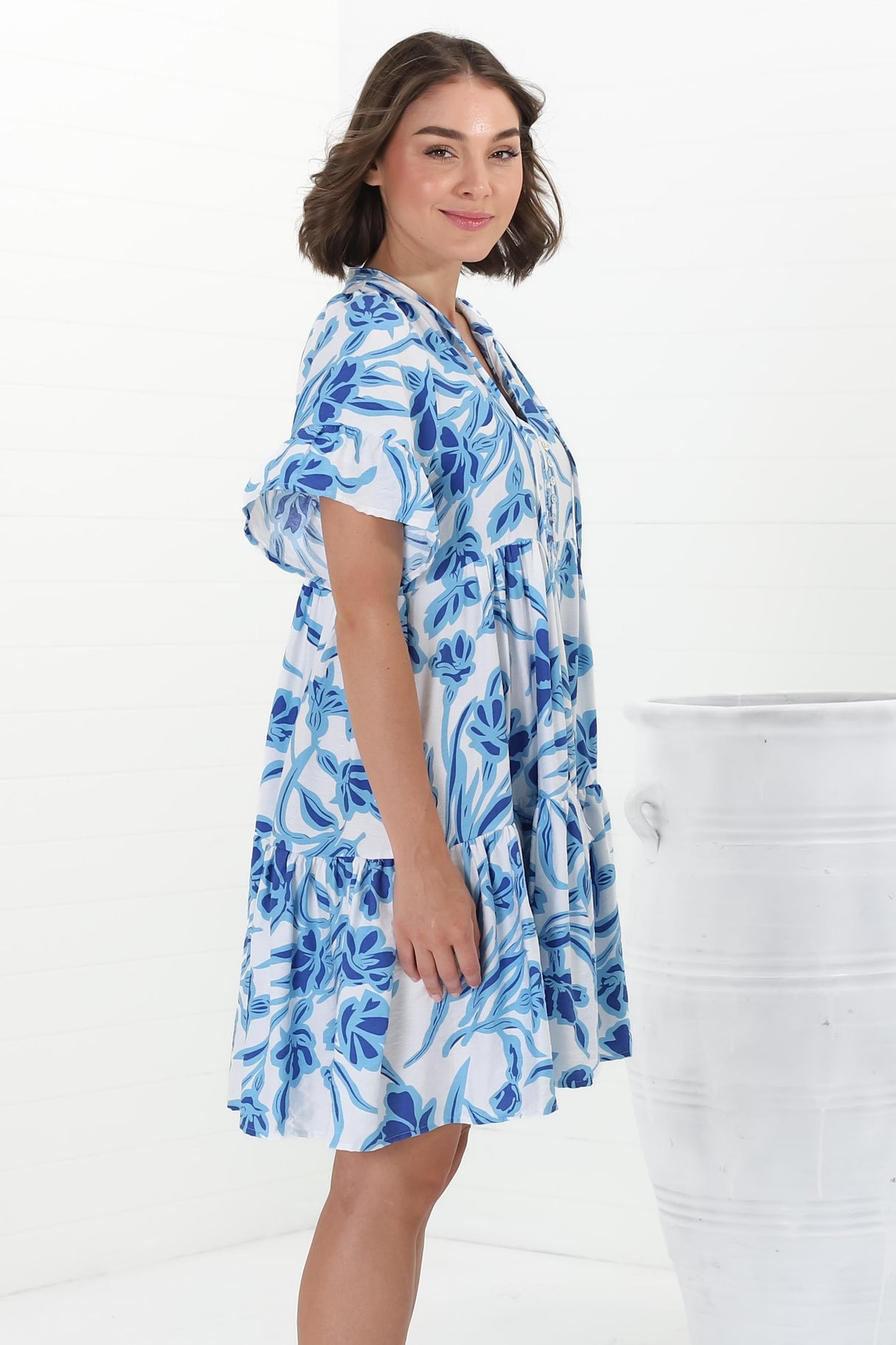 Abilia Mini Dress - Mandarin Collar Smock Dress in Braley Print Blue