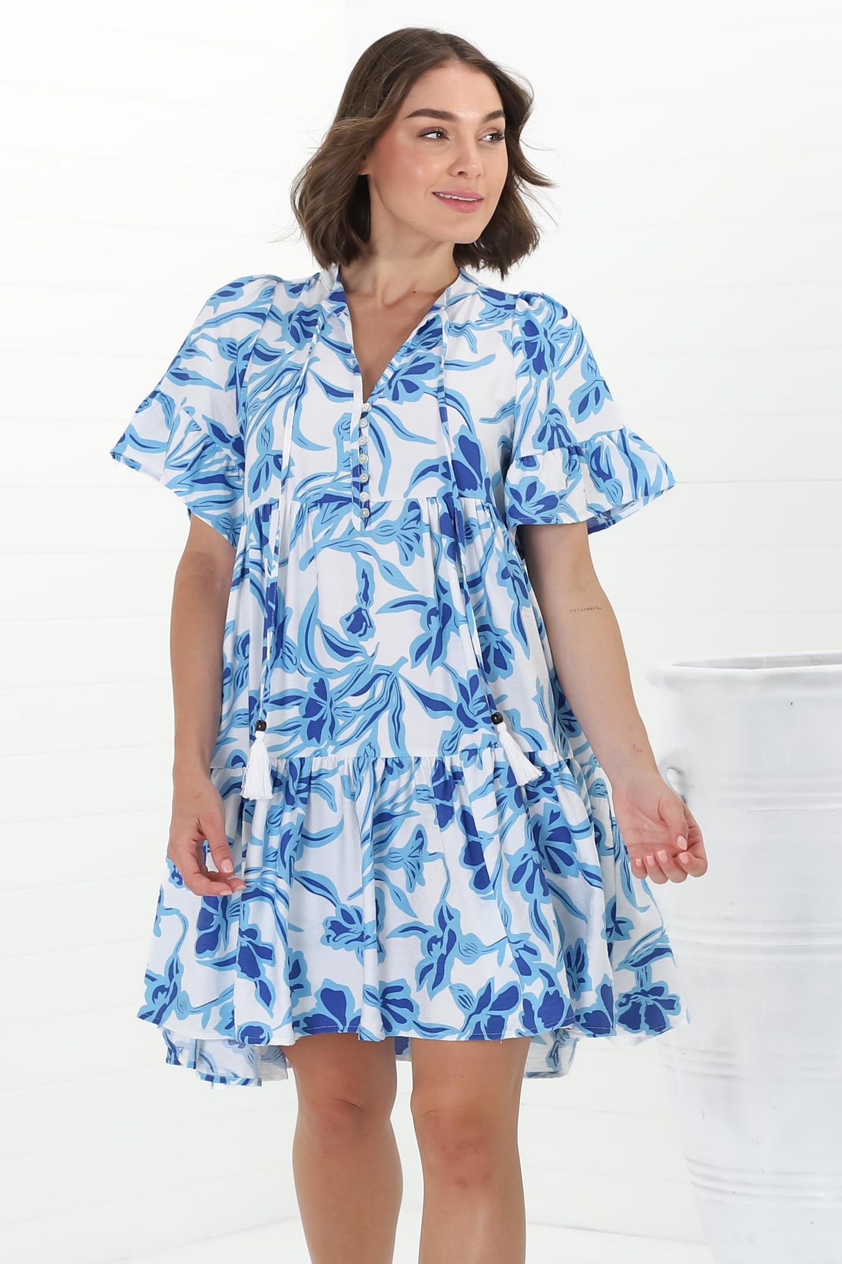 Abilia Mini Dress - Mandarin Collar Smock Dress in Braley Print Blue