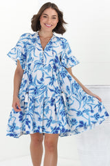 Abilia Mini Dress - Mandarin Collar Smock Dress in Braley Print Blue