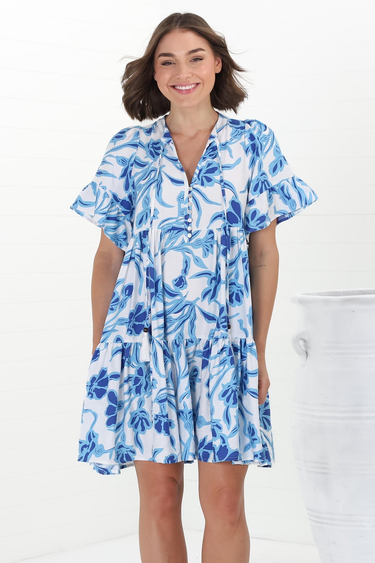 Abilia Mini Dress - Mandarin Collar Smock Dress in Braley Print Blue