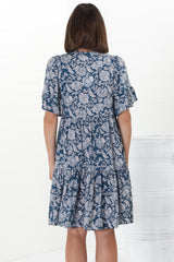 Abilia Mini Dress - Mandarin Collar Buttoned Bodice Smock Dress in Brulette Print Blue